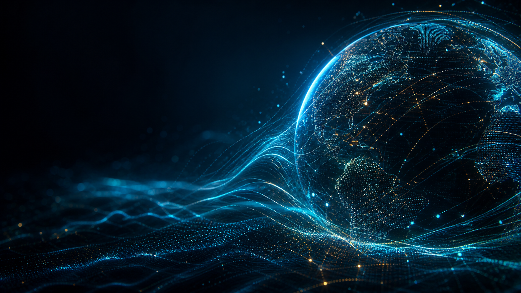 Digital globe surrounded by flowing streams of data