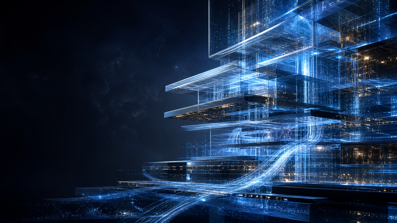 Layered glass architecture representing enterprise cloud systems